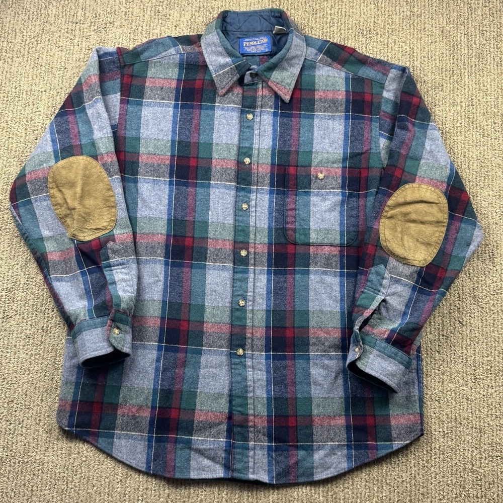 VTG Pendleton Mens L Wool Flannel Button Up Long Sleeve Elbow Patch Plaid USA